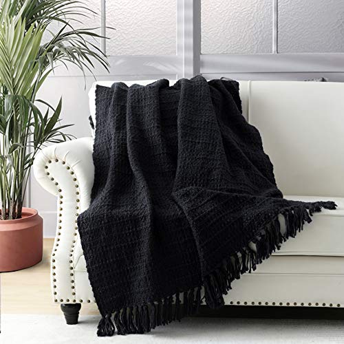 HORIMOTE HOME Chunky Black Knitted Throw Blanket for Couch, Chair, Sofa, or Bed - Chic Boho Style with Textured Basket Weave Pattern & Decorative Fringe - 50"x60" Blanket - Black - 50*60
