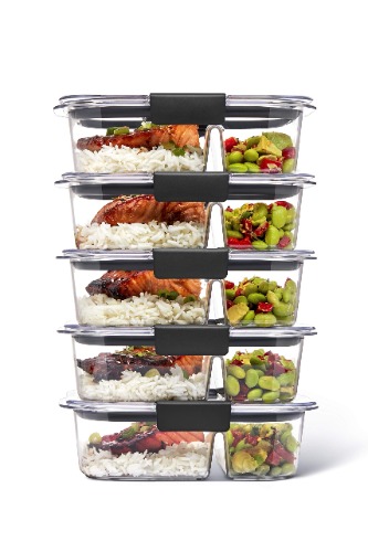 Rubbermaid 5-Piece Brilliance Food Storage Containers for Meal Prep with 2 Compartments and Lids, Dishwasher Safe, 2.85-Cup(675ml), Clear/Grey, 5 count (Pack of 1) - 5 count (Pack of 1) Containers