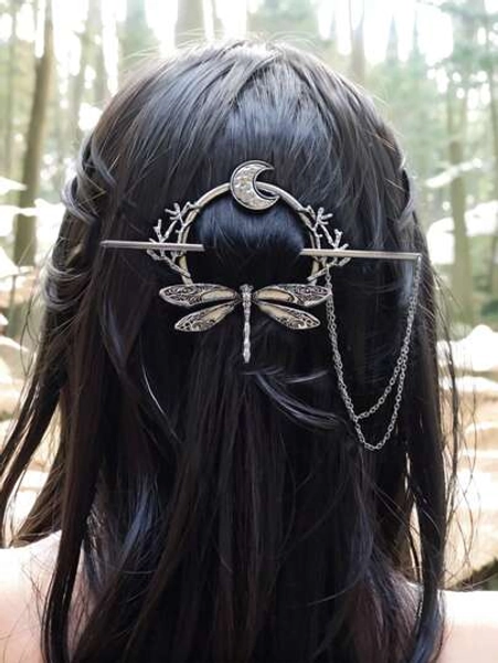 1pc Metal Forest Dragonfly Hairsticks Crescent Moon Insect Hairpin Decoration Boho Gold Head Piece