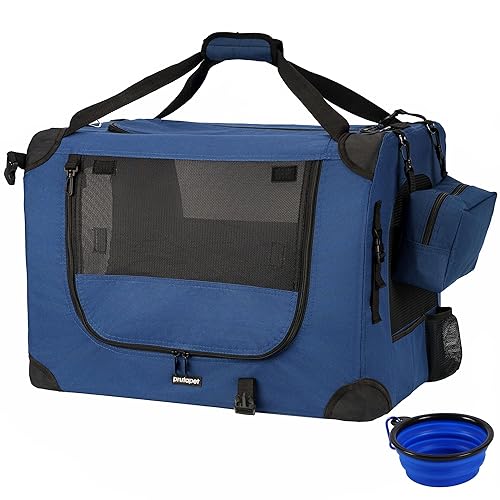Prutapet Large Cat Carrier 24"x16.5"x16.5" Portable Dog Crate for Small Medium Dogs Collapsible Traveling Pet Crate with Collapsible Bowl - 24"x16.5"x16.5" - Blue