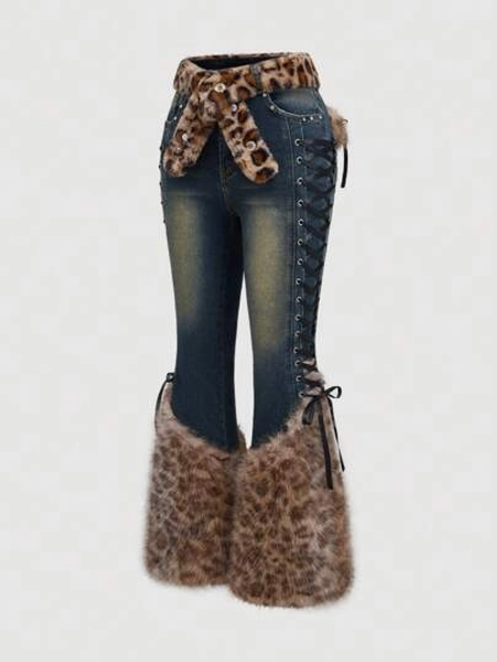 Goth Plus Size Vintage Distressed Light Color Patchwork Furry Leopard Print Jeans