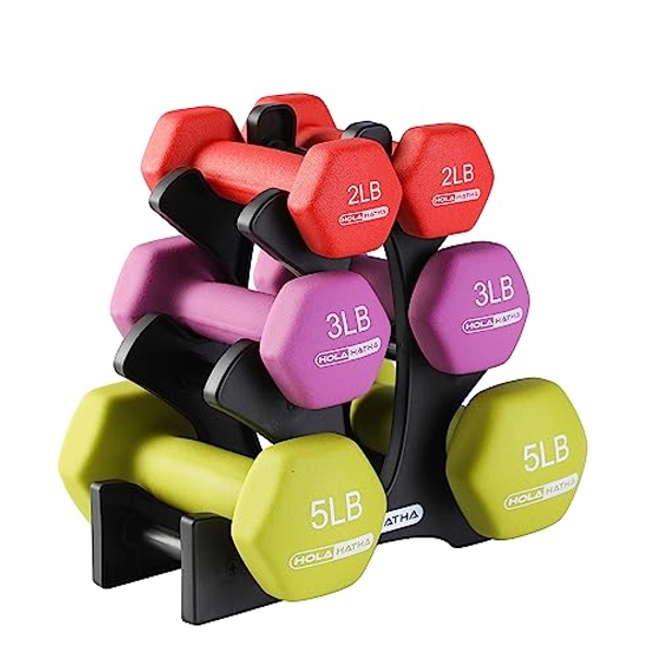 HolaHatha 2, 3, 5, 8, and 10 Pound Neoprene Dumbbell Free Hand Weight Set with Rack, Ideal for Home Exercises to Gain Tone and Definition, Pastel