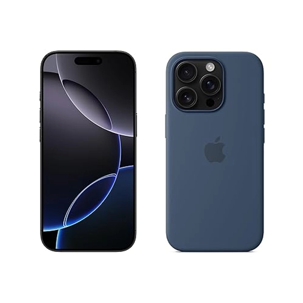 Apple iPhone 16 Pro (128 Go) - Titane Noir + Coque en Silicone avec MagSafe - Denim