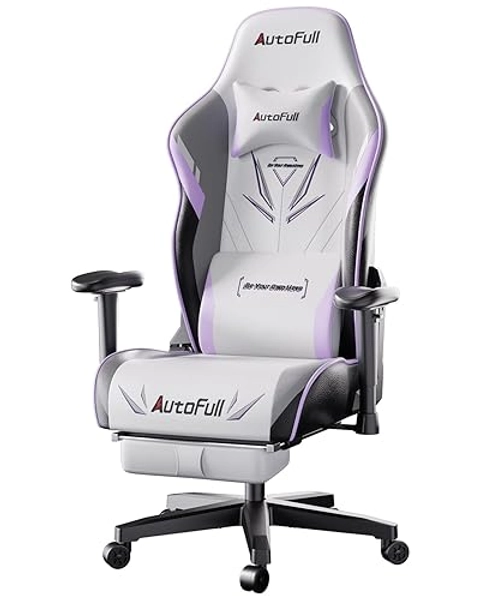 AutoFull C301 Chaise Gaming de Style méca, Fauteuil de Jeu Ergonomique avec Repose-Pieds, Hauteur d'assise et Inclinaison du Dossier réglables, Appui-tête et Soutien Lombaire, Blanc
