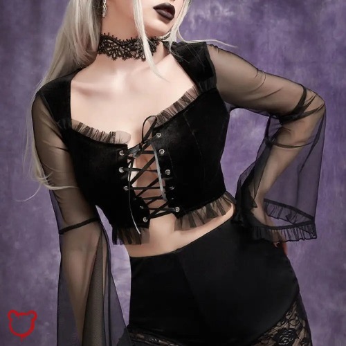 Black Mesh Crop Top - Black / M