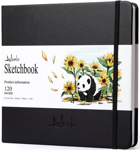ALKALO Square Sketchbook for Drawing, 120 Pages Sketch Book, 122LB/180GSM Thick Paper Sketchbook, Mixed Media Sketchbook for Charcoal Pencil, Inks Pen, Colored Pencil, Acrylic Marker, Oil Pastel - Back - Medium (8×8INCH)