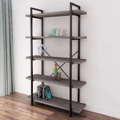 45MinST 5-Tier Vintage Industrial Style Bookcase/Metal and Wood Bookshelf Furniture for Collection, Gray Oak,3/4/5 Tier (5-Tier) - 5 Tier