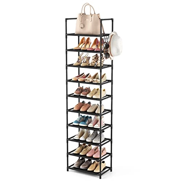LANTEFUL 10 Tiers Tall Shoe Rack 20-25 Pairs Boots Organizer Storage Sturdy Narrow Shoe Shelf for Entryway, Closets with Hooks, Black
