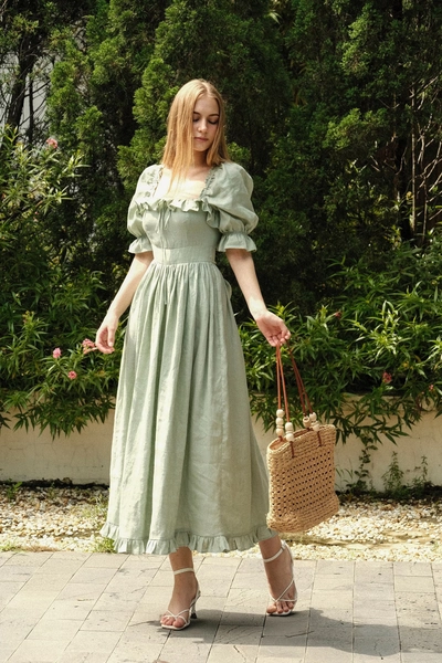 Hazel in Pale Green Linen Maxi Sundress: Ruffled Cottagecore Bow Tie Dress