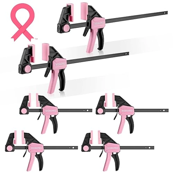 WORKPRO Bar Clamps for Woodworking, 6-Pack One-Handed Clamp/Spreader, 4PC 6" and 2PC 12" Wood Clamp Set, Light-Duty Quick-Change F Clamp with 150 lbs Load Limit, Pink Ribbon - Pink