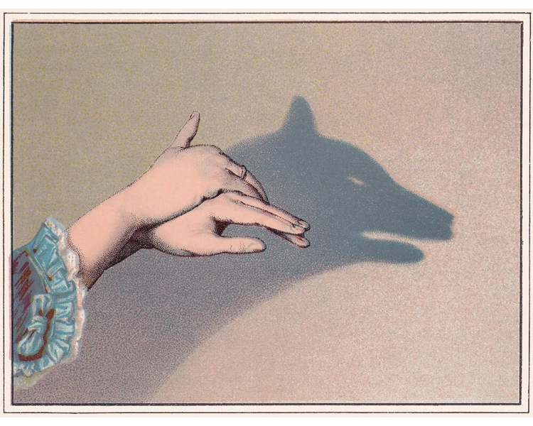 Vintage wolf art print, Victorian hand shadow puppets, Antique animal wall art, 19th century hands, Woman, Chiaroscuro painting, Magical art