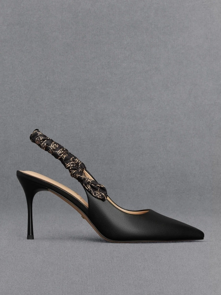 Black Tully Leather Ruched Print Slingback Pumps | CHARLES & KEITH UK