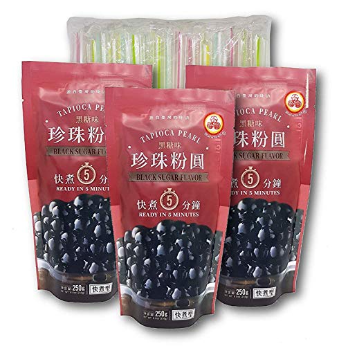 WuFuYuan 3 Packs of Boba Black Tapioca Pearl Bubble Tea Ingredient With Additonal 1 Pack of 50 Boba Straws Variety Color 1 Pack Ginger Honey Crystals