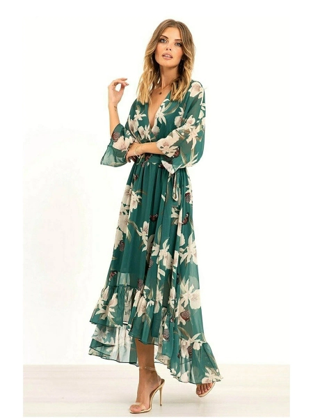 Forest Green - Yumi Floral Kimono Sleeves Dip Hem Wrap Midi Dress