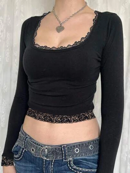 SHEIN Essnce Women's Spring Summer Solid Color Lace Spliced Round Neck Long Sleeve Cropped T-Shirt , Black Crop Top Long Sleeve