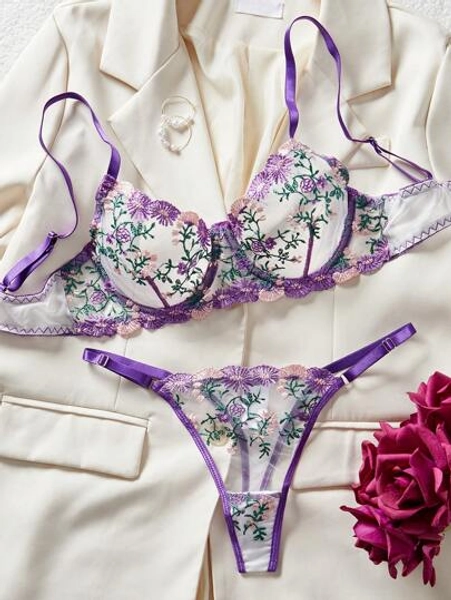 Sexy Lingerie Splice Embroidery Two-Piece Set, Bra + Triangle Panties
