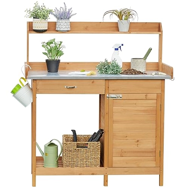 Yaheetech Outdoor Garden Potting Bench Table Work Bench Metal Tabletop W/Cabinet Drawer Open Shelf Natural Wood