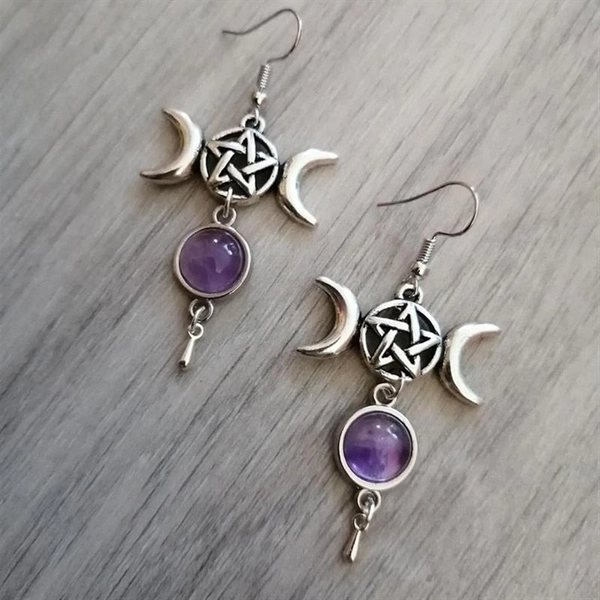 Pentagram Crescent Moon Stone Earrings