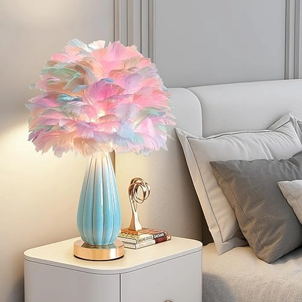 ZYLEIESENBAO Feather Lamp Princess Feather Table Lamp Colorful Goose Feather Bedside Lamp Christmas Gift Wedding Romantic Atmosphere Decoration Girl Lamp Desk Lamp for Bedroom Living Room Hotel