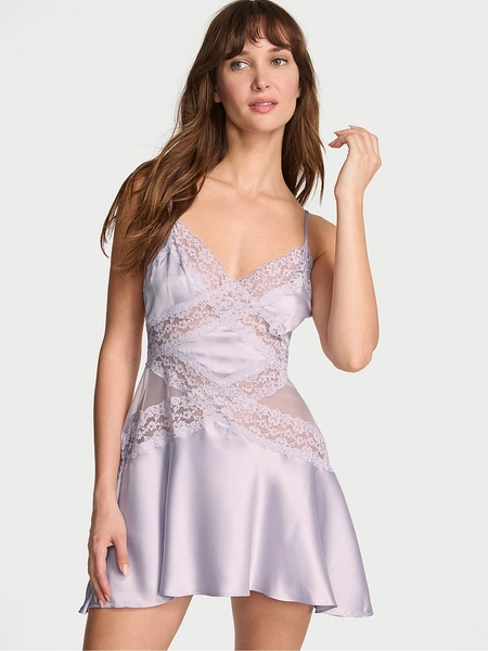 Feather Purple Lace & Satin Slip Dress