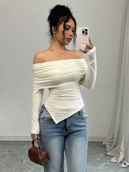 Elenzga Women's Elegant Off Shoulder Flounced Hem T-Shirt, Square Collar Slim Fit Style, Suitable For Spring And Autumn Fall Cloth For Women