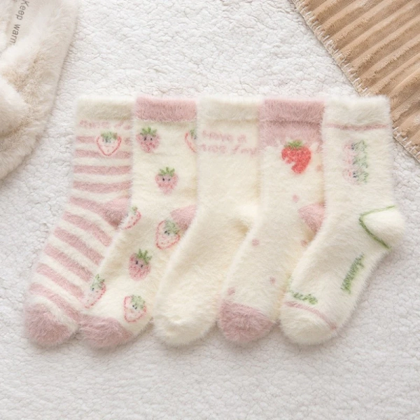 Strawberries & Cream Cozy Fluffy Socks