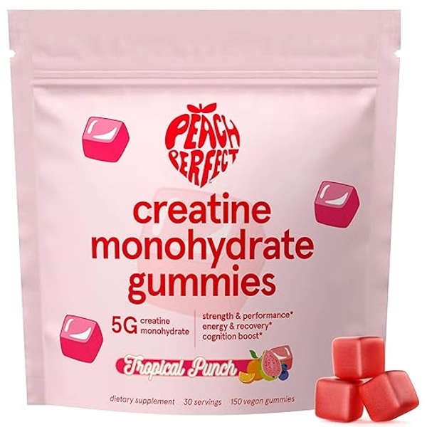 Peach Perfect Creatine Monohydrate Gummies for Women & Men, Boost Focus, Strength, and Endurance, Vegan, Gluten-Free, Non-GMO, 5 Grams of Creatine per Serving, 30 SVG, Tropical Punch