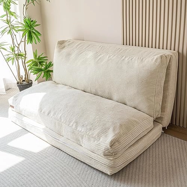 MAXYOYO Bean Bag Bed Folding Corduroy Sofa Chair Foam Filling Extra Thick 4 Fold Floor Couch Matress for Adults, Includes Removable and Machine Washable Cover for Living Room, Beige, 75x240 cm