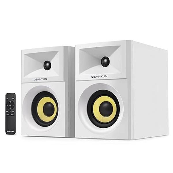 Sanyun SW205 80W 4” Powered Bookshelf Speakers with Wooden Cabinet - Innovative Exterior Designs and Advanced DSP Chips - Optical 3.5mm Aux and Bluetooth 5.4 Inputs – Wireless Remote (Pair, White)