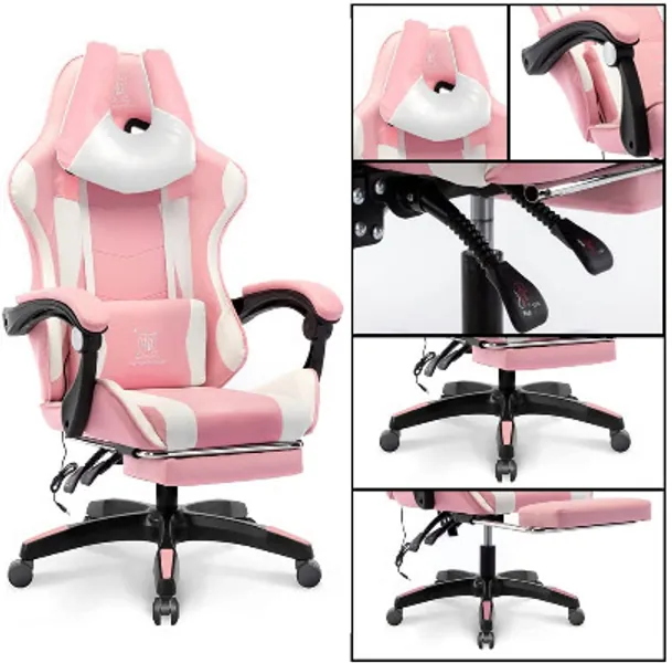 HQ-GAMING Gaming Office Chair Computer Seating Adjustable Racing Chair with U-Shape Headrest and Footrest High Back,Ergonomic Game Chair (Pink)