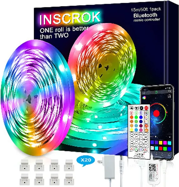 Bluetooth LED Strip Lights 15m,Inscrok LED Light Strips Controlled by Smart Phone APP,Music Sync LED Lights Strip for Bedroom Decor, Room Decor, Children's Room 