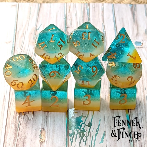 Beach Party Dice Set, TTRPG Polyhedral dice, D&D dice, Dungeons and Dragons, Table Top Role Playing. Layered Ocean Shore Blue, Gold, White