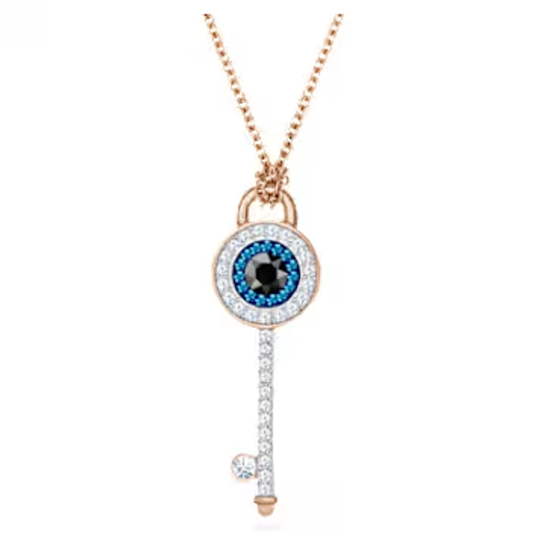 Evil eye and key, Blue, Rose gold-tone plated