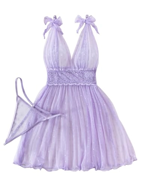 Lilosy Sexy Polka Dots Mesh Sheer Lace Babydoll Chemise Lingerie Set Floral Lace Nightwear