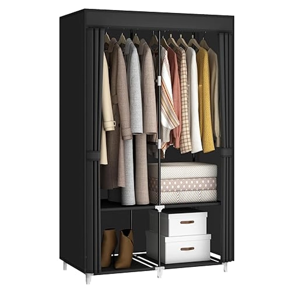 MOGELAFOO Portable Closet Wardrobe for Small Room, 35-Inch Clothing Organizer Storage Rack with 2 Clothes Hanging Rods and 4 Shelves, Non-Woven Fabric Cover, Black