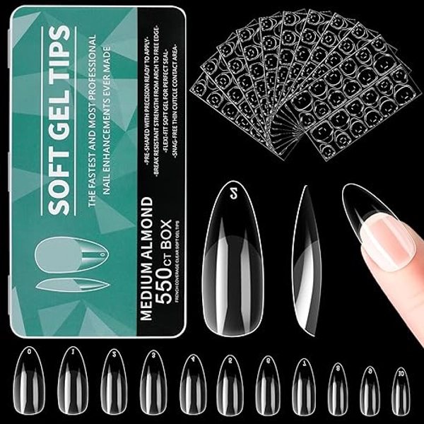 Alyvisun 550 Piezas Uñas Postizas Transparentes, 11 Tamaños Tips Uñas Falsa Con 240 Piezas Gel Uñas Pegatinas Kit, Artificial Puntas de Uñas Francesas con Caja para Mujeres Niñas Salones y DIY
