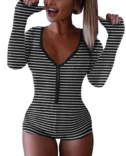 Roselux Women's Sexy Deep V Neck Shorts Long Sleeve Knitted One Piece Bodysuit Sexy Pajama Onesie Bodycon Rompers Overall