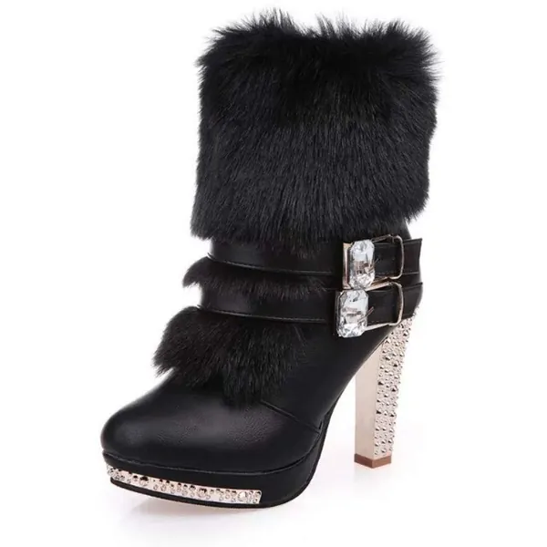 JOYBI Women Rhinestone High Heel Snow Boots Winter Buckle Non-Slip Zip Warm Comfort Platform Ankle Booties