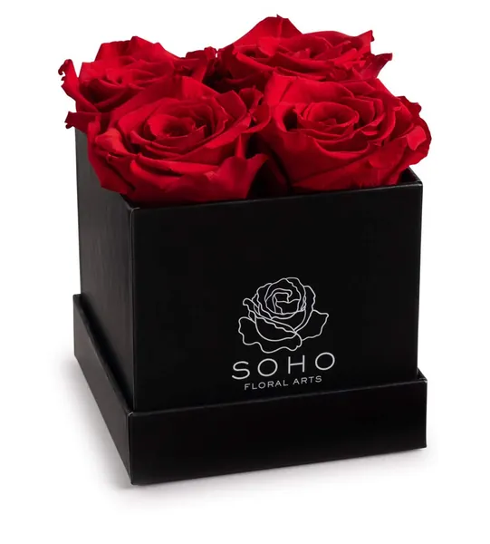 Soho Floral Arts | Roses In A Box | Genuine Roses that Last for Years (Black Square 4ct, Red) | Mothers Day Gifts