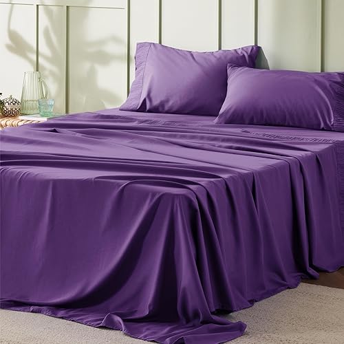 Bedsure Queen Sheet Set - 4 Pieces Soft Queen Size Sheets - Breathable & Cooling - Hotel Luxury - Easy Care Polyester Microfiber Bedding for Women, Men, Purple - 14 - Purple - Queen