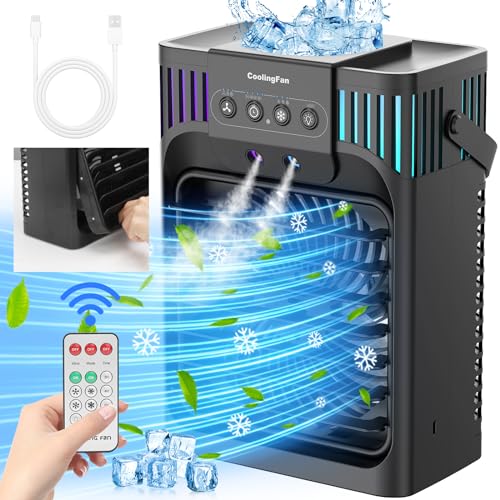 Portable Air Conditioners,1200ML Cooling fan Air Conditioner with Remote,3 Wind Speed & 7 LED Light,3 Cool Mist& 2-8H Timer, Removable Personal Air Conditioner Evaporative Air Cooler for Room/Office - Black