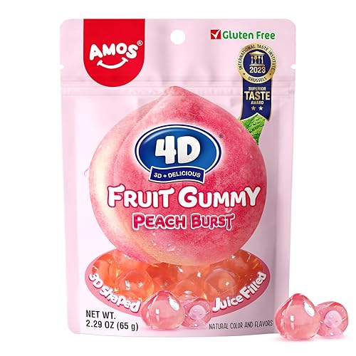 Amos 4D Gummy Peach Burst – Bonbons Gélifiés À La Pêche Avec Cœur Garnis, Saveur Naturelle, Friandises Fruitées, Sac de 65 g (Pack de 3) - Pêche - 195g