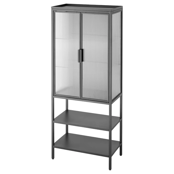 MOSSJÖN Glass-door cabinet with 2 doors - anthracite 60x34x146 cm