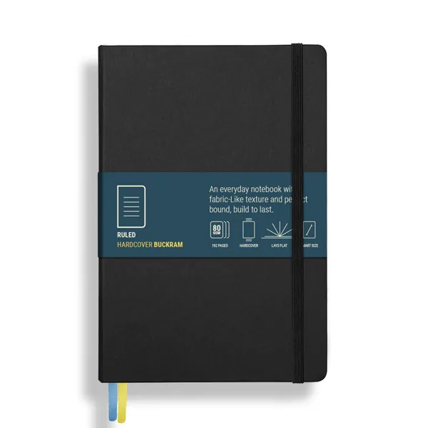 PAPERCOAL Notebook with Buckram Hard Cover - Black - Ruled - Smart Size (200x135 mm) - 192 Pages - 80GSM Natural Shade - Flat Lay