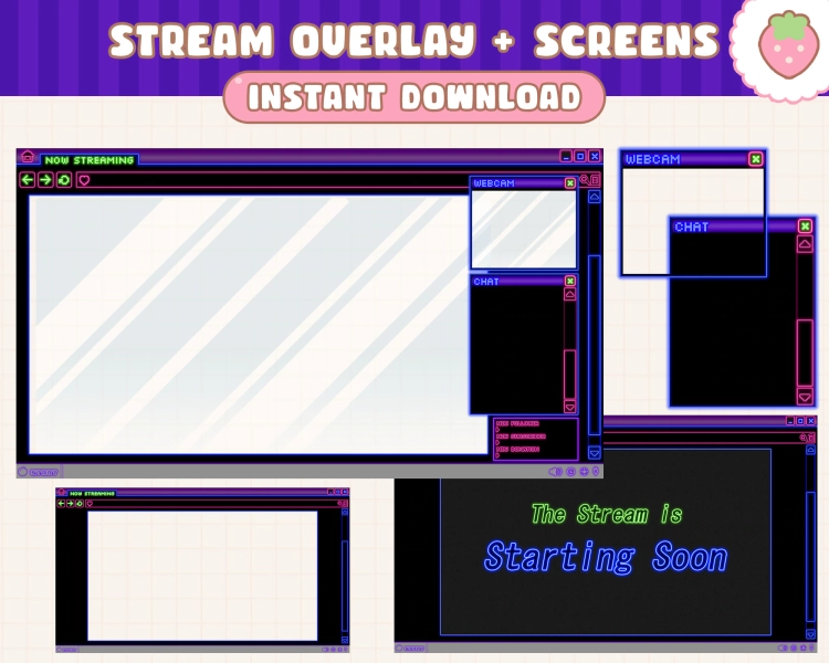 Twitch Stream Overlay & Screens / 90s Windows Theme / Simple / Retro / Neon