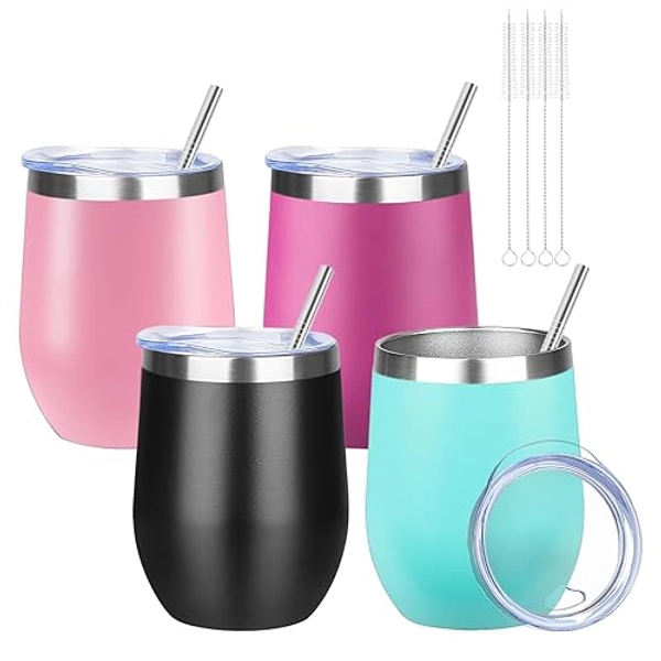 12oz/4 Pack Wine Tumbler Glasses with Lid Stemless Double Wall Vacuum Stainless Steel Travel Tumbler Keeping Cold & Hot for Wine,Coffee,Cocktails,Christmas Drinks-Family and Gifts(Multi color-5)