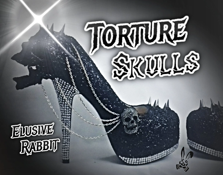 Women Torture Chain Silver Grim Reaper Dead Skull Jaw Custom Glitter Paint Black Shoe Heel Size 3 4 5 6 7 8 High Heel Platform Alt Punk Goth