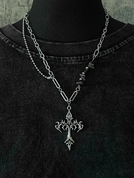 [$13.99]Silver Flame Cross Pendant Necklace with Asymmetric Chain