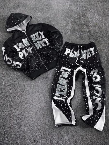 PAVTROS Manfinity Streetrush Men's Letter Print Long Sleeve Zip Front Hoodie And Sweatpants Casual Tracksuit Set Men Streetwear Set Men Graphic Tracksuit Men Black And White Tracksuit Zip Up Hoodie And Jogger Set Men 2 Pieces Set,Fall Clothes