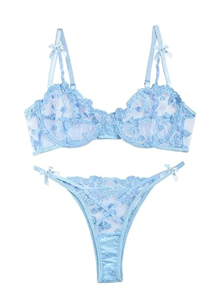 Lilosy Sexy Underwire Cute Push Up Strappy Embroidered Mesh Sheer Lingerie Set See Through Panty Bra